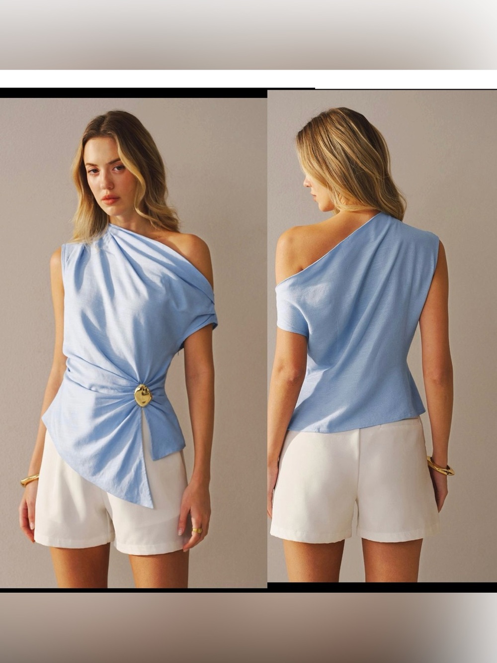 Commense light blue one shoulder linen blend buckle blouse asymmetrical Sz L NWT